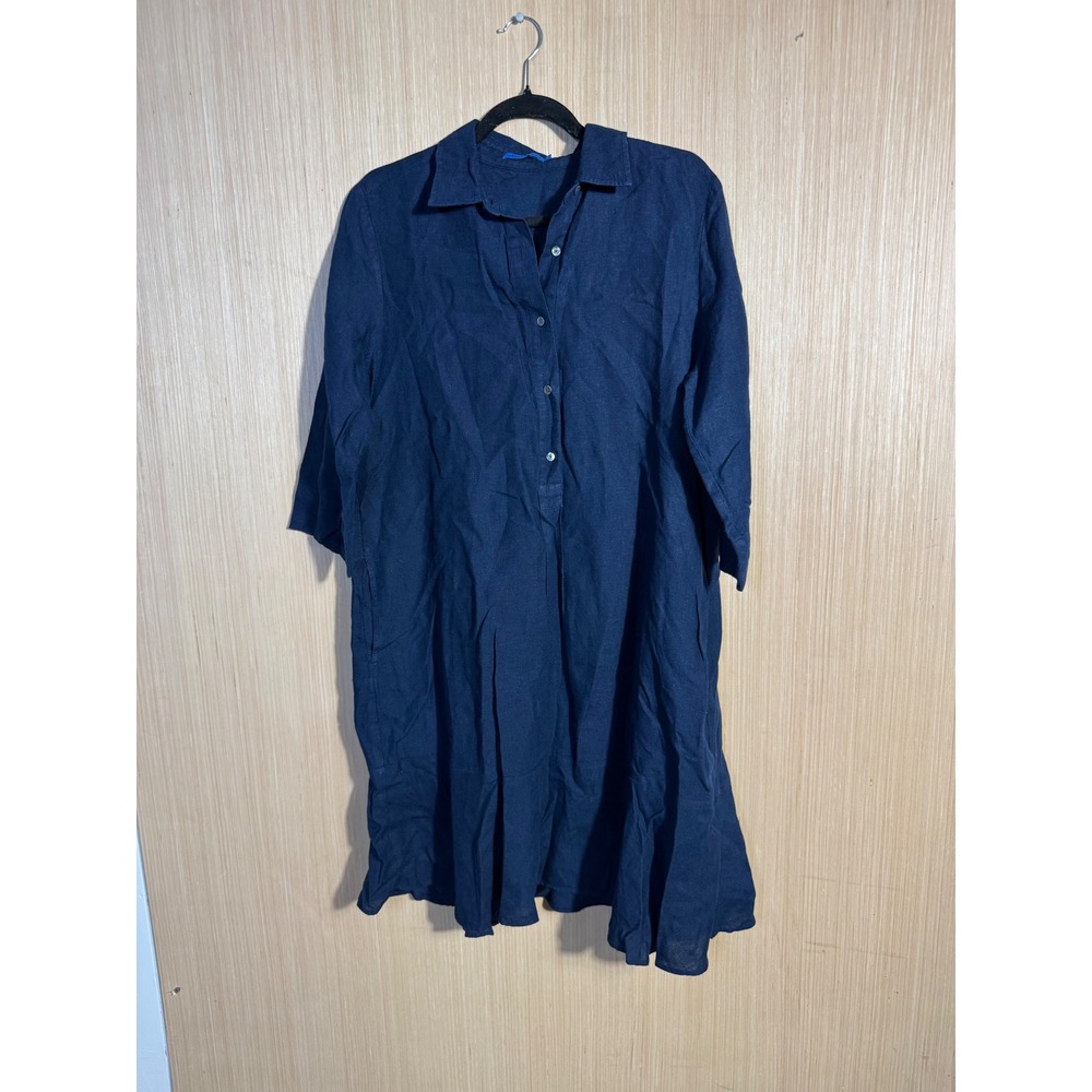 J.McLaughlin Navy Blue 100% Linen Ruffle Hem Shirt Dress 3/4 Sleeve Womens M